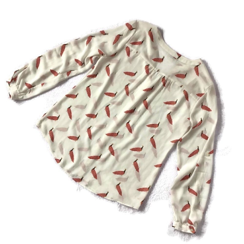Loft Peacock Print Roll Sleeve Popover Blouse